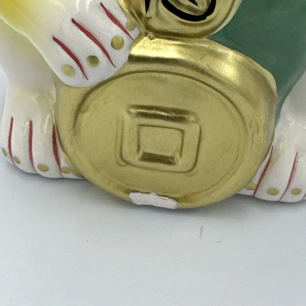 Lucky Cat Ceramic White Red Gold Prosperity Home Decor Candle Used Small Chip